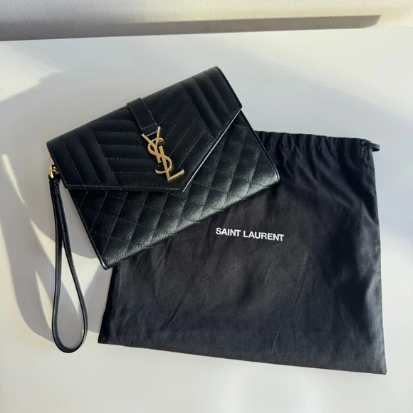 Yves Saint Laurent Black Quilted Clutch with Gold Logo - Picture 8 of 8